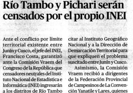Río Tambo y Pichari serán censados por el propio INEI